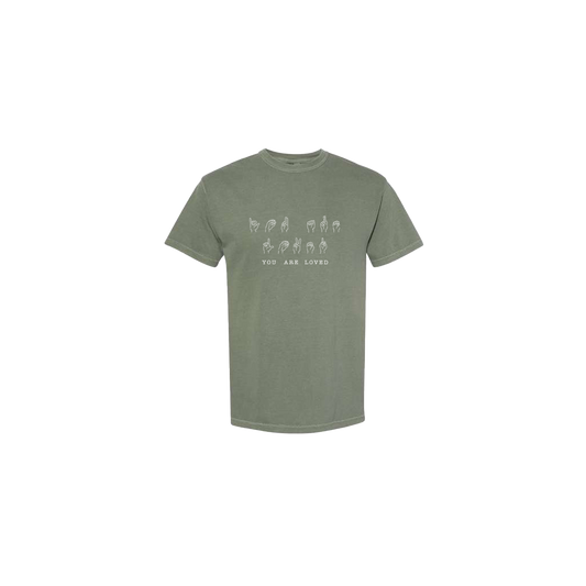 You Are Loved Sign Language Embroidered Army Green Tshirt - Mental Health Awareness Clothing