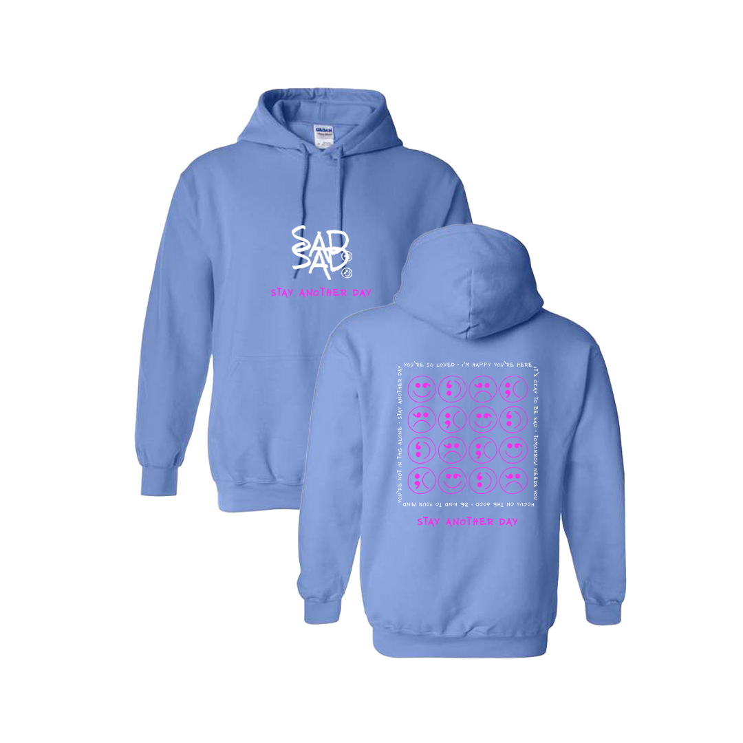 Stay Another Day Caroline Blue Hoodie with Pink Smiley / Sad Faces - April 2023 Monthly Exclusive