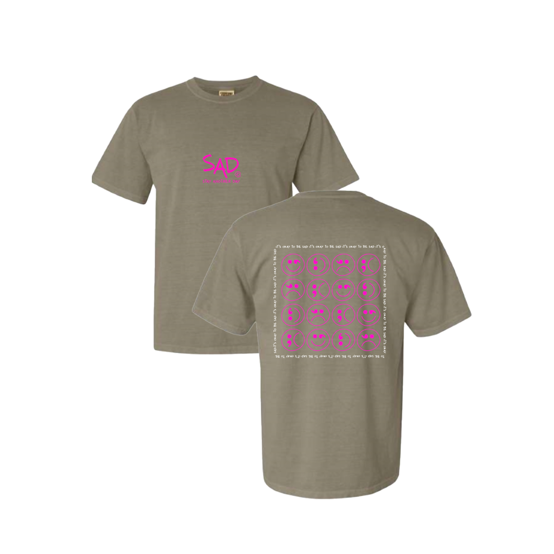 Stay Another Day Khaki Tshirt with Pink Smiley / Sad Faces - August 2022 Monthly Exclusive
