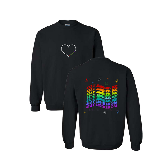 Stay Another Day Layered Rainbow Screen Printed Black Crewneck - Mental Health Awareness Clothing