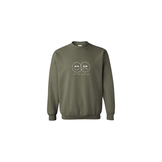 It's Okay to be Sad Double Smiley Face Embroidered ArmyGreen Crewneck - Mental Health Awareness Clothing