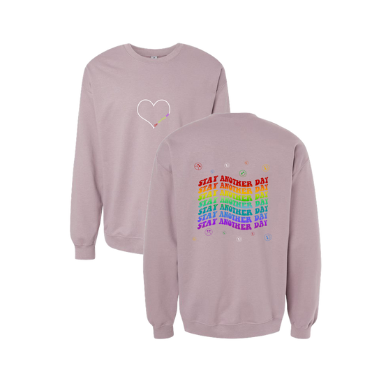 Stay Another Day Layered Rainbow Screen Printed Mauve Crewneck - Mental Health Awareness Clothing