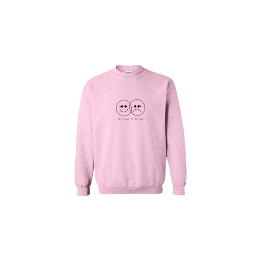 It's Okay to be Sad Double Smiley Face Embroidered Light Pink Crewneck - Mental Health Awareness Clothing
