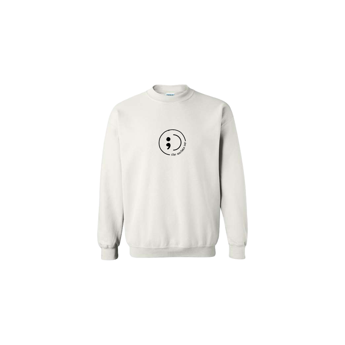 Stay Another Day Smiley with text Embroidered White Crewneck - Mental Health Awareness Clothing