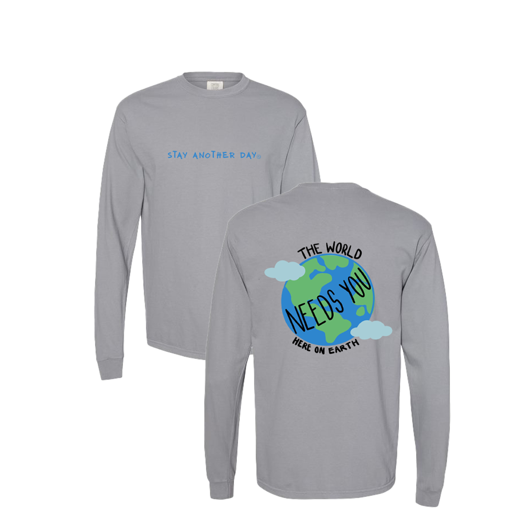 Stay Another Day Earth Day design on Grey Long Sleeve Tshirt - April 2023 Monthly Exclusive