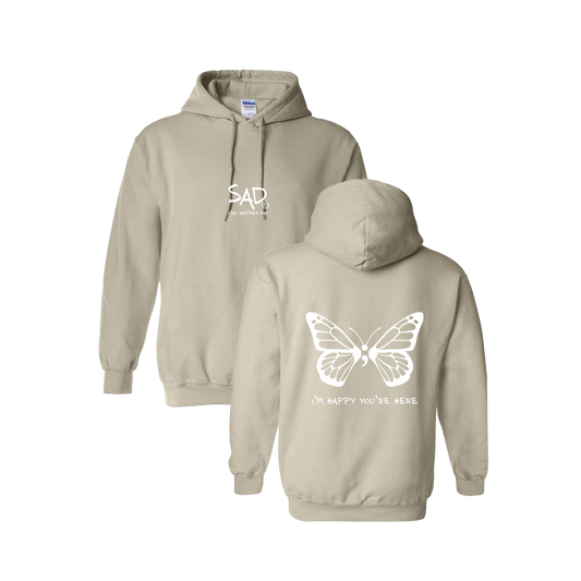 I'm Happy You're Here Butterfly Screen Printed Beige Hoodie - Mental Health Awareness Clothing