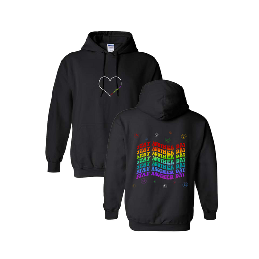 Stay Another Day Layered Rainbow Screen Printed Black Hoodie - Mental Health Awareness Clothing