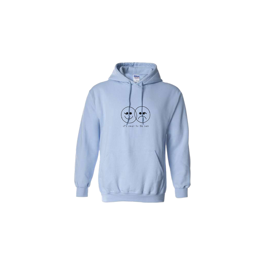 It's Okay to be Sad Double Smiley Face Embroidered Light Blue Hoodie - Mental Health Awareness Clothing