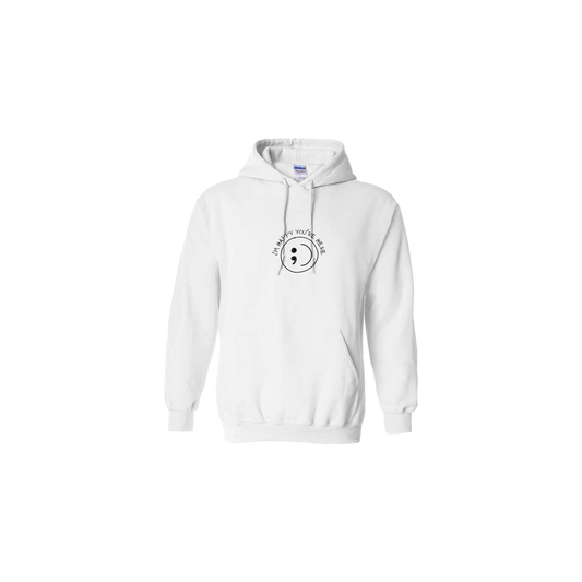I'm Happy You're Here Embroidered White Hoodie - Mental Health Awareness Clothing