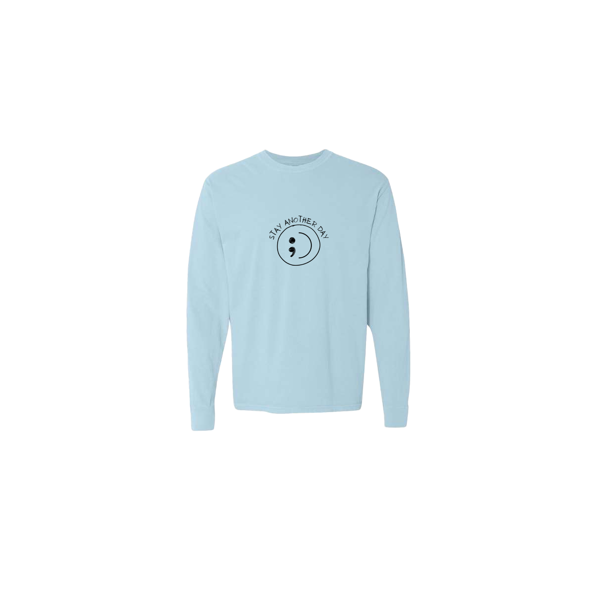 Stay Another Day Smiley Face Embroidered Light Blue Long Sleeve Tshirt - Mental Health Awareness Clothing