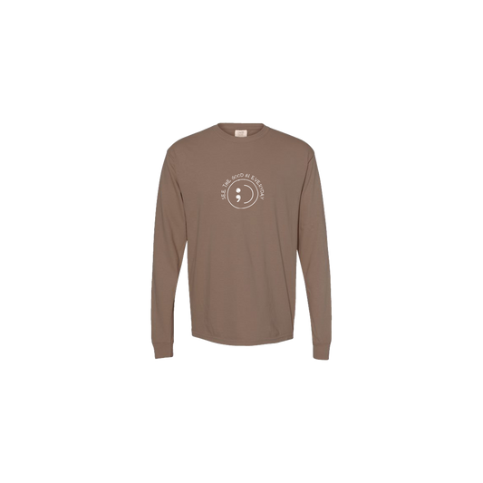 See the Good in Everyday Smiley Embroidered Brown Long Sleeve Tshirt - Mental Health Awareness Clothing