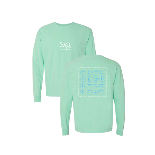 Multi Smiley Face Blue Screen Printed Mint Long Sleeve -   Mental Health Awareness Clothing