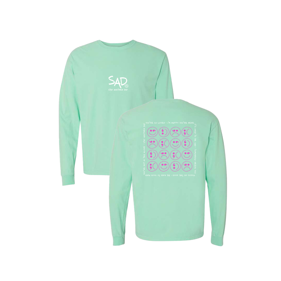 Multi Smiley Face Pink Screen Printed Mint Long Sleeve -   Mental Health Awareness Clothing