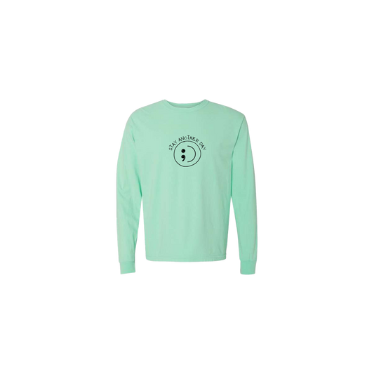 Stay Another Day Smiley Face Embroidered Mint Long Sleeve Tshirt - Mental Health Awareness Clothing