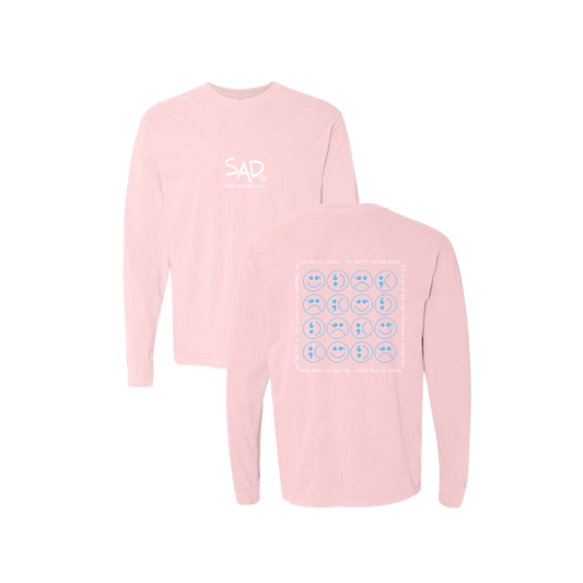 Multi Smiley Face Blue Screen Printed Pink Long Sleeve -   Mental Health Awareness Clothing