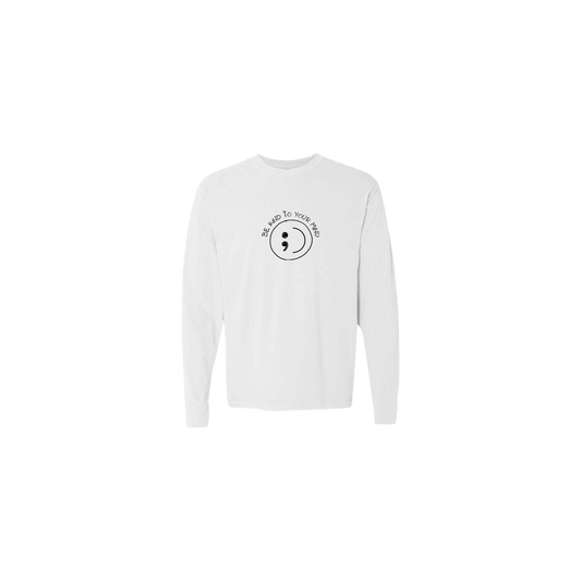 Be Kind To Your Mind Smiley Face Embroidered White Long Sleeve Tshirt - Mental Health Awareness Clothing