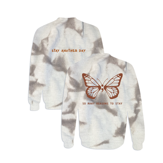 So Many Reasons to Stay Butterfly on White and Tan Tie Dye Crewneck - November 2022 Monthly Exclusive