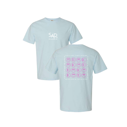 Multi Smiley Face Pink Screen Printed Blue T-shirt - Mental Health Awareness Clothing