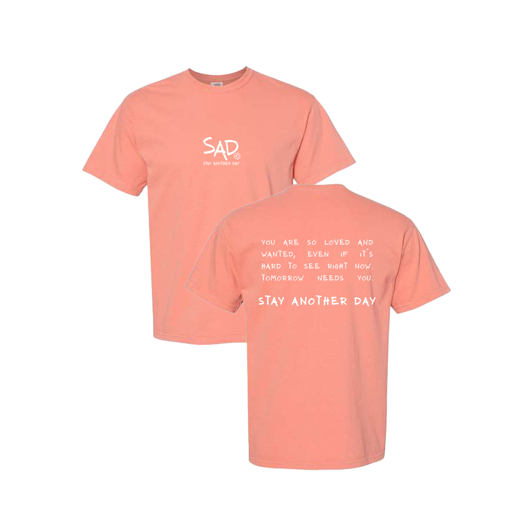 Stay Another Day Message Screen Printed Coral T-shirt - Mental Health Awareness Clothing