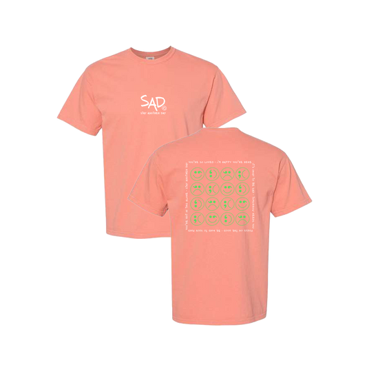 Multi Smiley Face Green Screen Printed Coral T-shirt - Mental Health Awareness Clothing