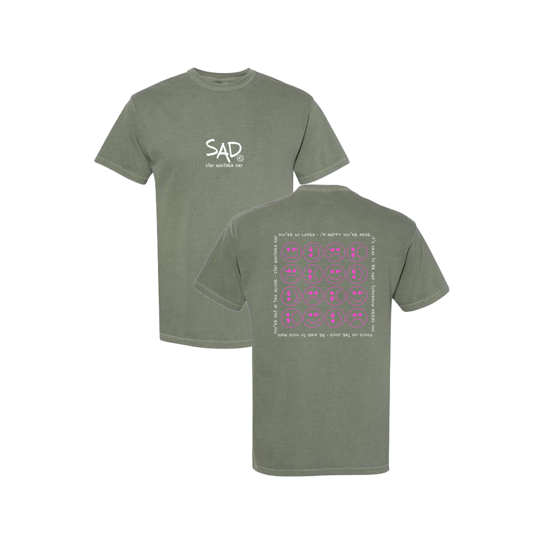 Multi Smiley Face Pink Screen Printed Army Green T-shirt - Mental Health Awareness Clothing
