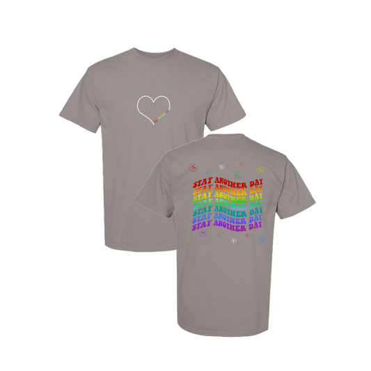Stay Another Day Layered Rainbow Screen Printed Grey T-shirt - Mental Health Awareness Clothing