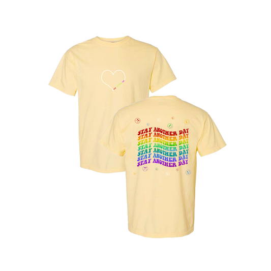 Stay Another Day Layered Rainbow Screen Printed Yellow T-shirt - Mental Health Awareness Clothing