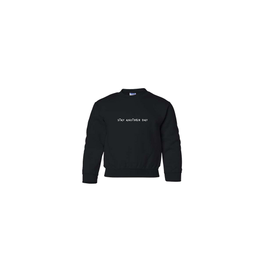 Stay Another Day Text Embroidered Black Youth Crewneck