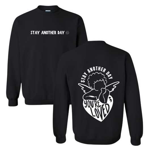 Stay Another Day Valentine's You're Loved Cupid Printed Black Crewneck Sweatshirt