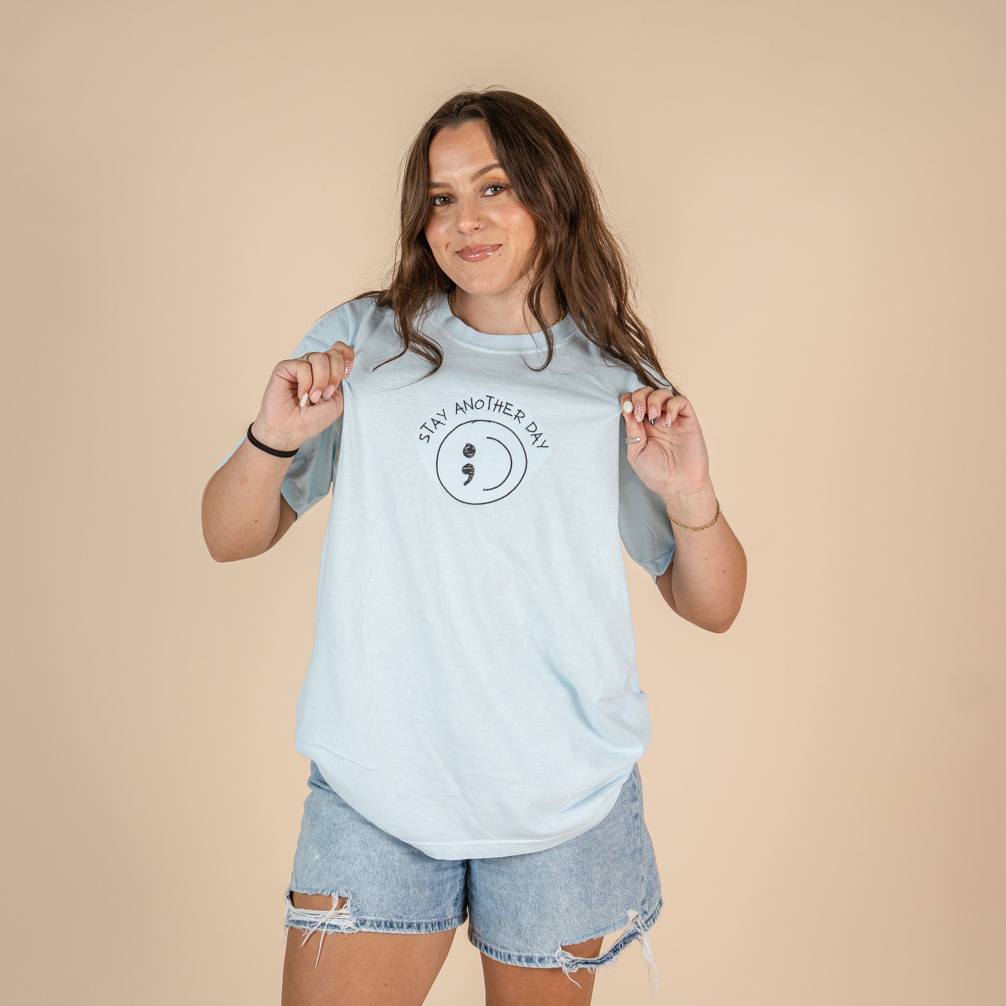 Stay Another Day Smiley Face Embroidered T-shirt