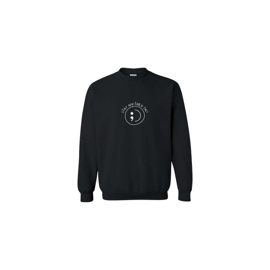 Stay Another Day Smiley Face Embroidered Black Crewneck - Mental Health Awareness Clothing