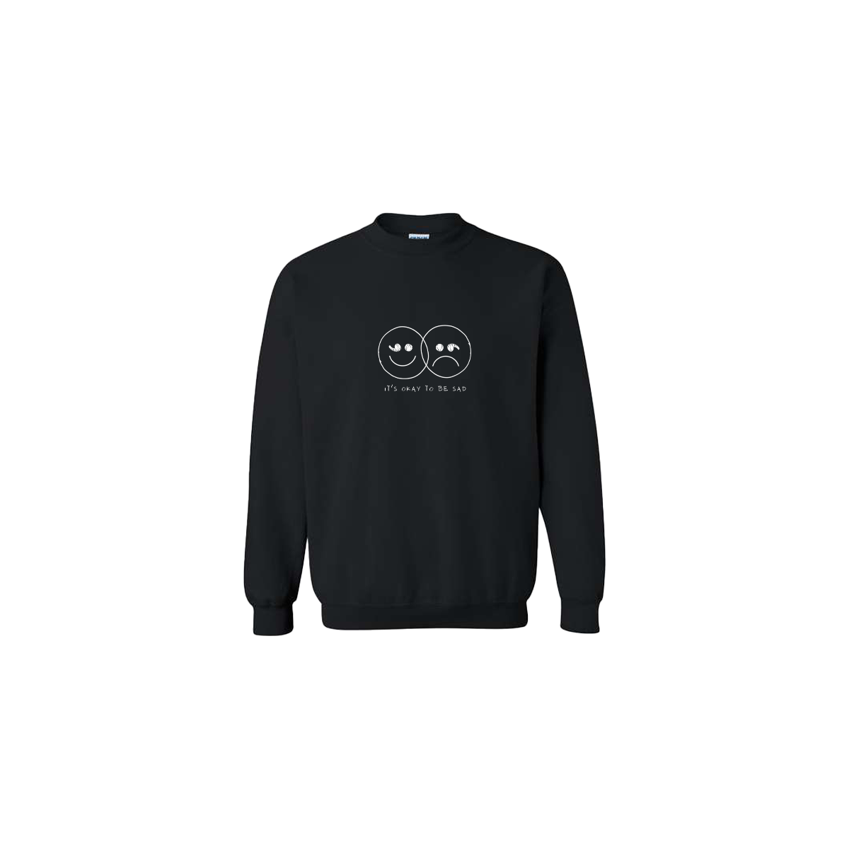 It's Okay to be Sad Double Smiley Face Embroidered Black Crewneck - Mental Health Awareness Clothing