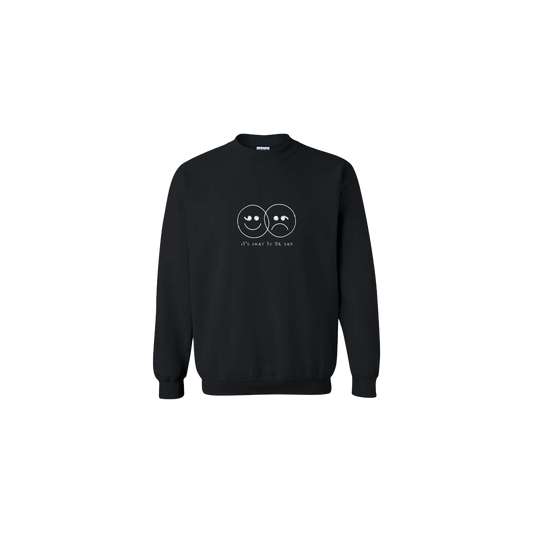 It's Okay to be Sad Double Smiley Face Embroidered Black Crewneck - Mental Health Awareness Clothing