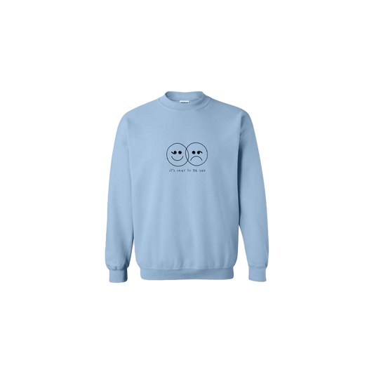 It's Okay to be Sad Double Smiley Face Embroidered Light Blue Crewneck - Mental Health Awareness Clothing