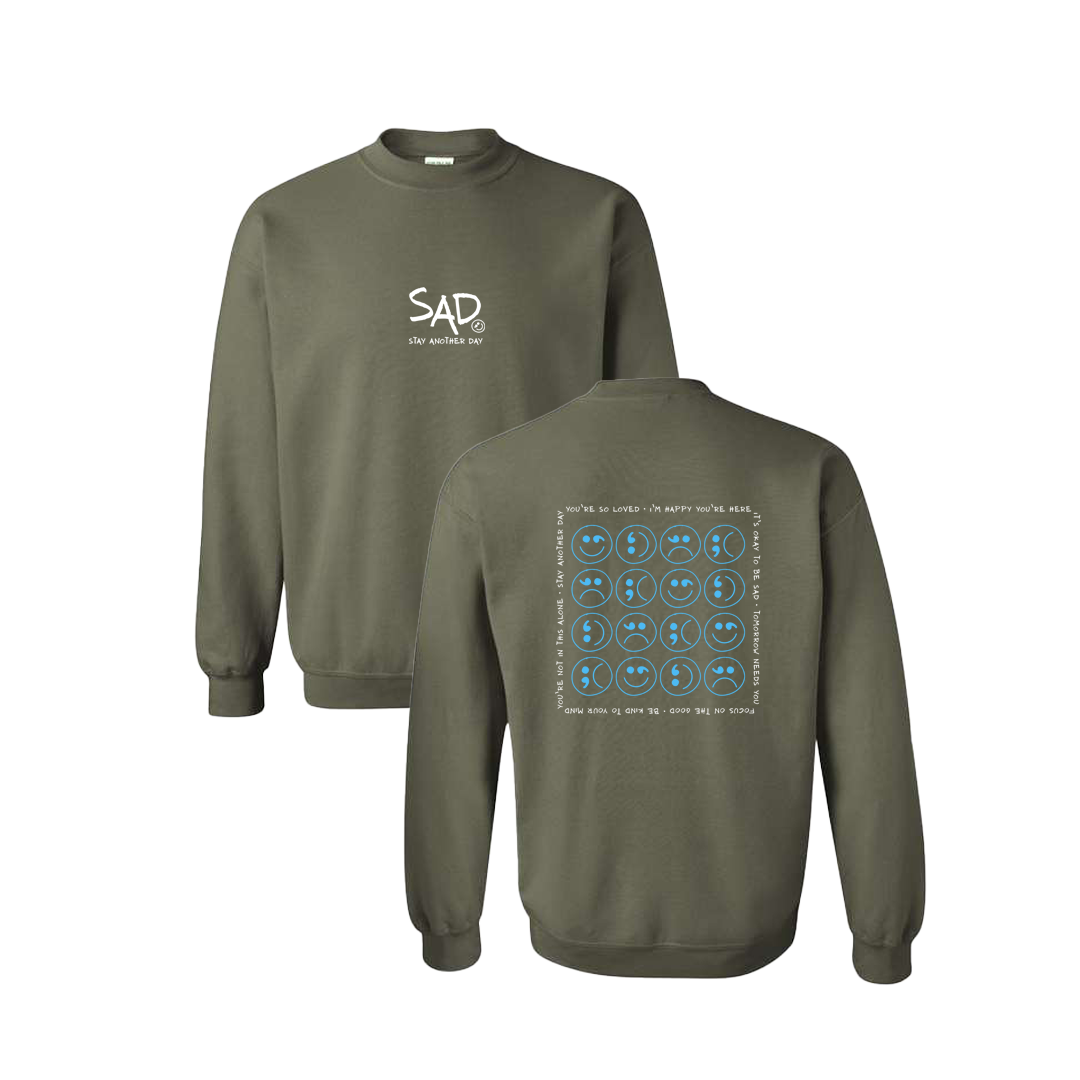 Multi Smiley Face Blue Screen Printed Army Green Crewneck - Mental Health Awareness Clothing