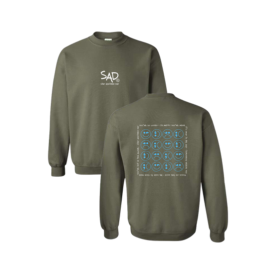 Multi Smiley Face Blue Screen Printed Army Green Crewneck - Mental Health Awareness Clothing