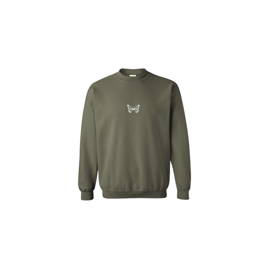 Butterfly Embroidered ArmyGreen Crewneck - Mental Health Awareness Clothing