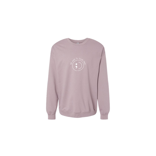 Be Kind To Your Mind Smiley Face Embroidered Mauve Crewneck - Mental Health Awareness Clothing