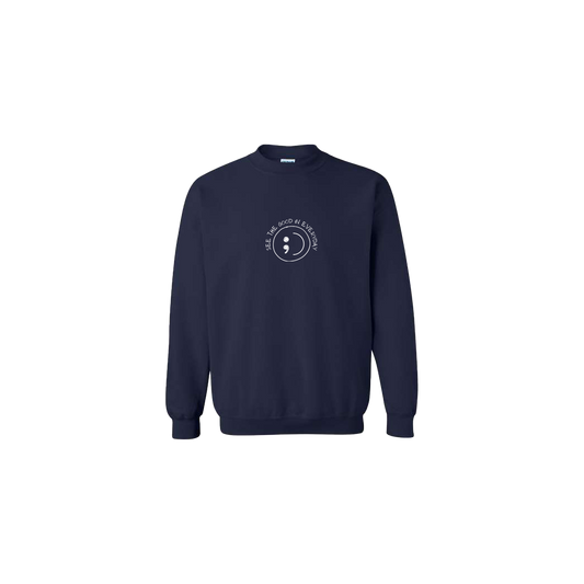 See the Good in Everyday Smiley Embroidered Navy Blue Crewneck - Mental Health Awareness Clothing