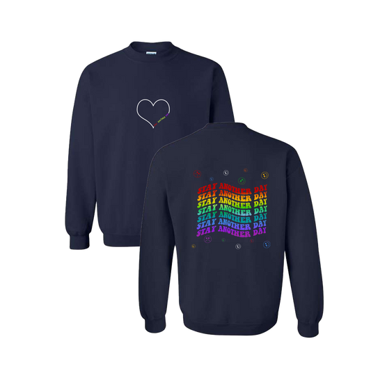 Stay Another Day Layered Rainbow Screen Printed Navy Crewneck - Mental Health Awareness Clothing