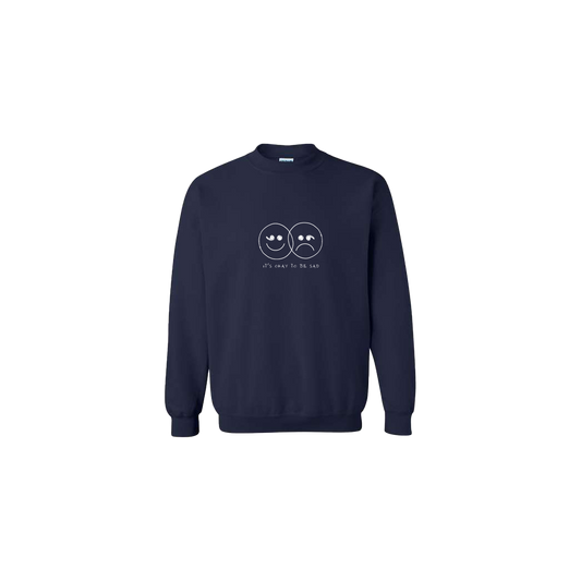 It's Okay to be Sad Double Smiley Face Embroidered Navy Blue Crewneck - Mental Health Awareness Clothing