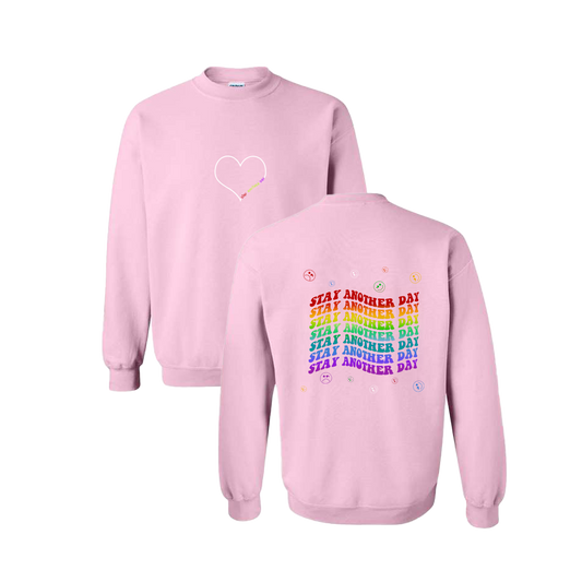 Stay Another Day Layered Rainbow Screen Printed Light Pink Crewneck - Mental Health Awareness Clothing