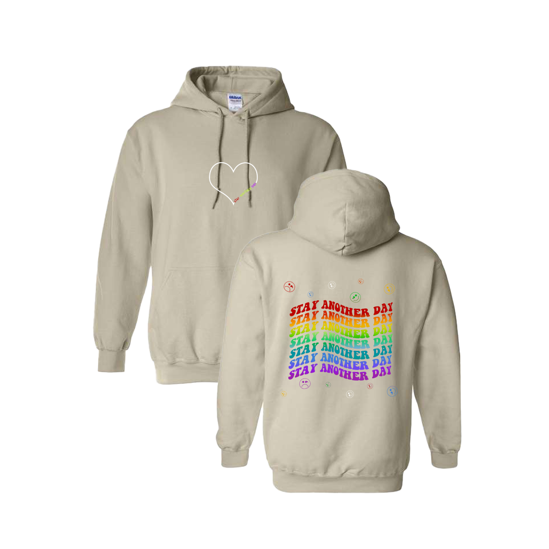 Stay Another Day Layered Rainbow Screen Printed Beige Hoodie - Mental Health Awareness Clothing