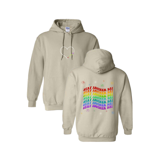 Stay Another Day Layered Rainbow Screen Printed Beige Hoodie - Mental Health Awareness Clothing