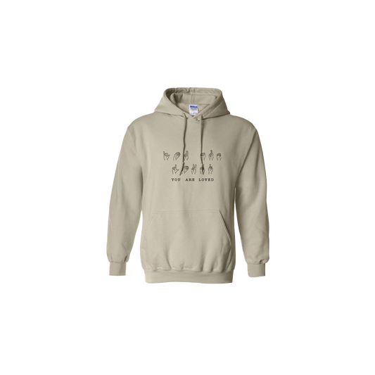 You Are Loved Sign Language Embroidered Beige Hoodie - Mental Health Awareness Clothing