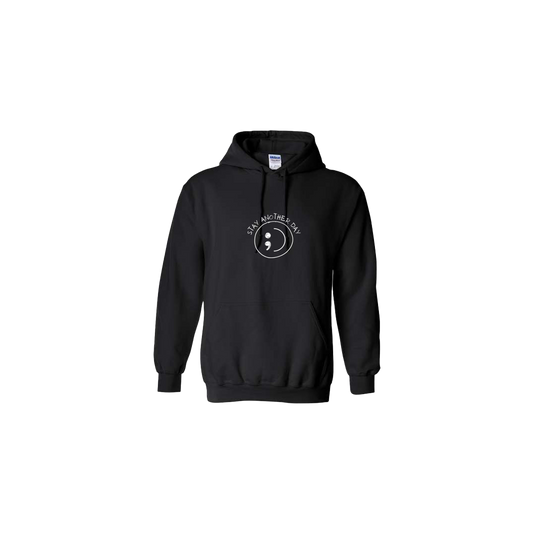 Stay Another Day Smiley Face Embroidered Black Hoodie - Mental Health Awareness Clothing