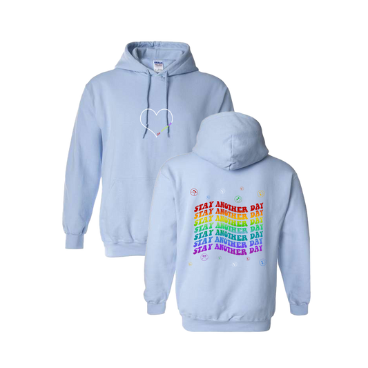 Stay Another Day Layered Rainbow Screen Printed Light Blue Hoodie - Mental Health Awareness Clothing