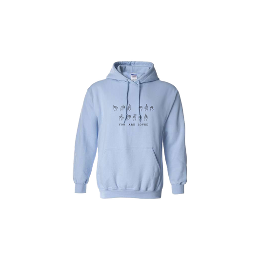 You Are Loved Sign Language Embroidered Light Blue Hoodie - Mental Health Awareness Clothing