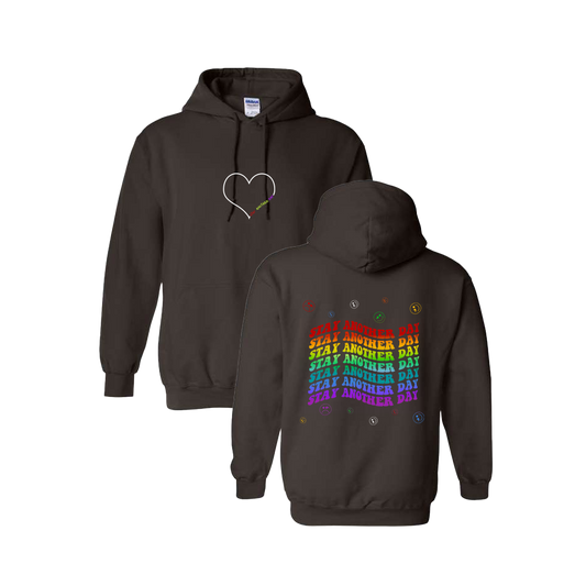 Stay Another Day Layered Rainbow Screen Printed Brown Hoodie - Mental Health Awareness Clothing