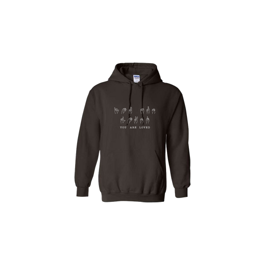 You Are Loved Sign Language Embroidered Brown Hoodie - Mental Health Awareness Clothing